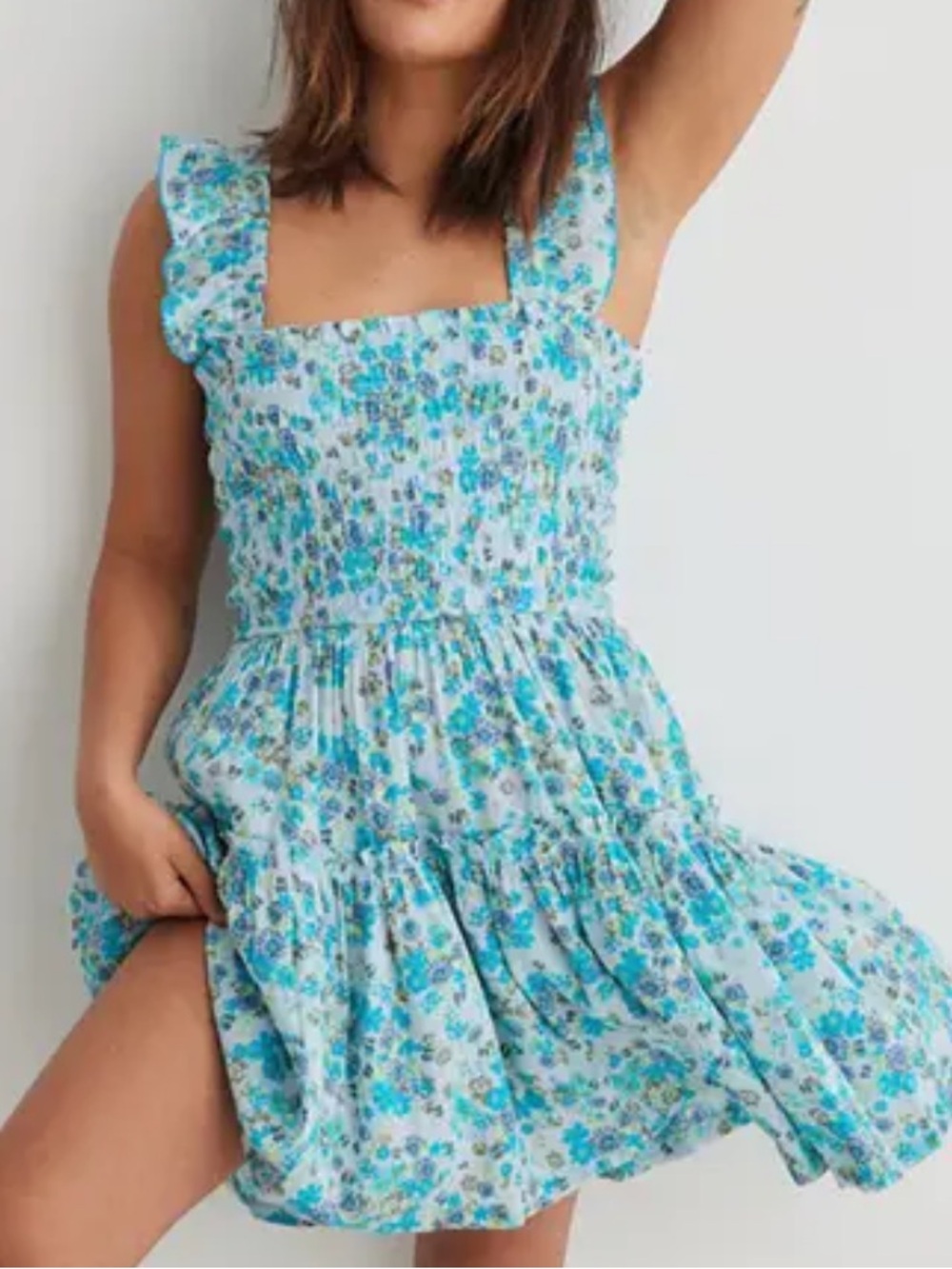 Aerie Blue Floral Smocked Mini Dress